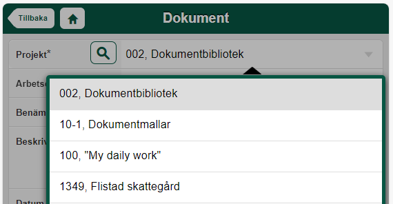 Dokumenter — prosjektvalsliste med rullegardin åpent