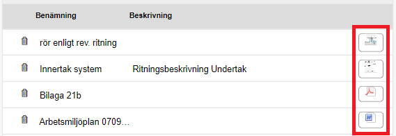 Dokumentliste med navn og beskrivelse samt handlingsknapper