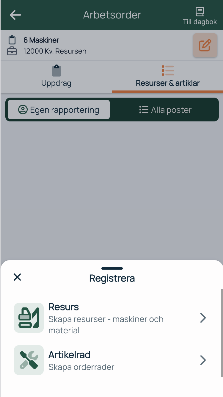 Work order — Register resource or item line dialog