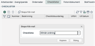Dialog for å opprette sjeckliste fra mal