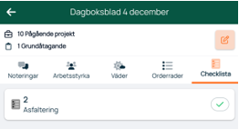 Dagboksblad med sjeckliste og pågående prosjekt