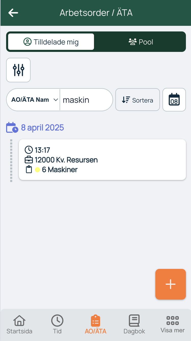 Arbetsorder/ÄTA liste med filter og datumsvisning
