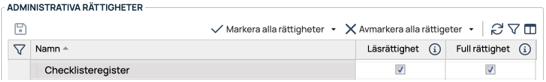 Administratorrettigheter — Sjekklisteregister med lese- og fullrettighet