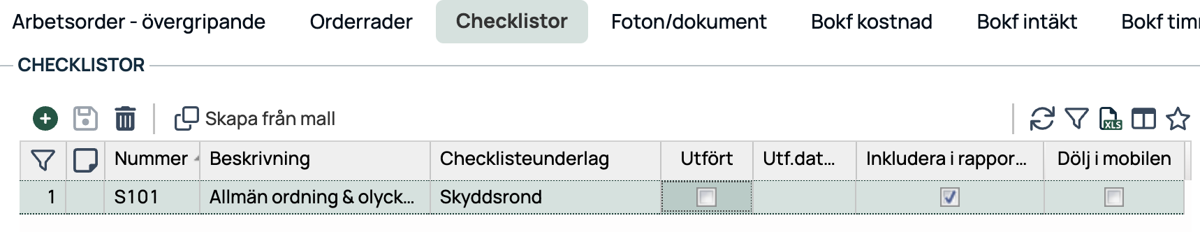 Arbeidsordre sjekklister — liste med sjekklisteunderlag