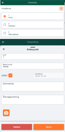 Sjeckliste — Endre punkt dialog med utført status