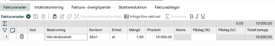 Fakturalinjer-fane med momsrad i regnskapssystem