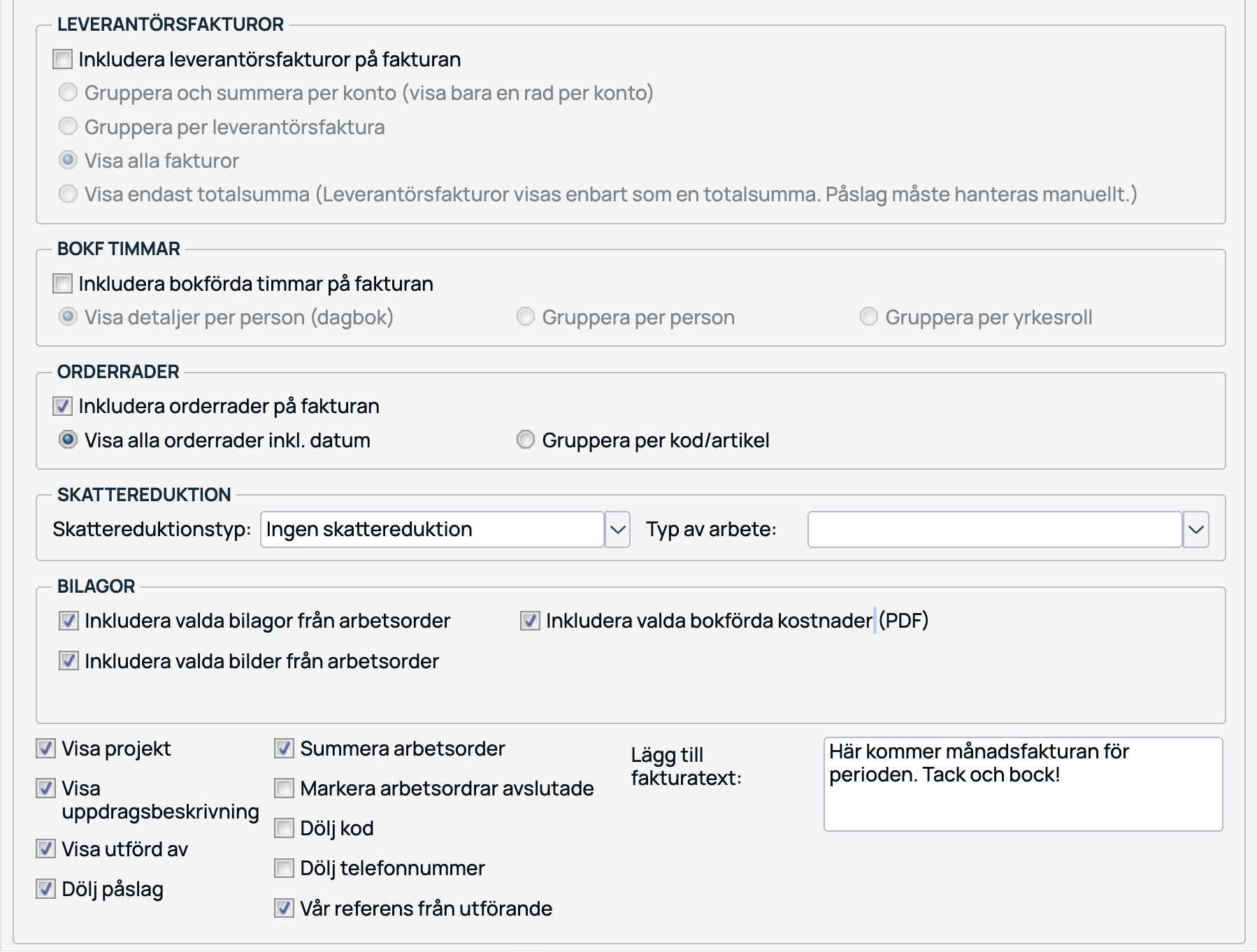 Fakturainnsillinger — leverandørfakturaer, timer, ordrelinjer og vedlegg