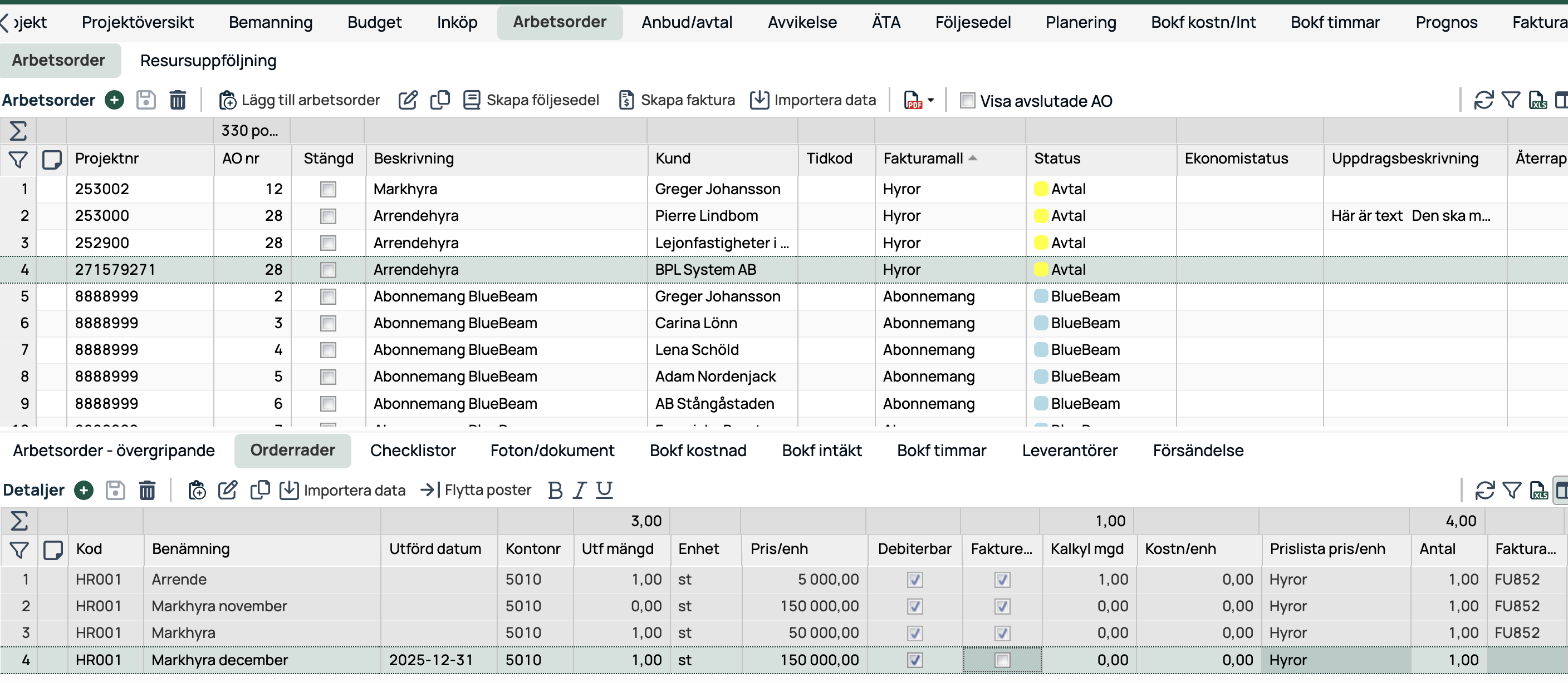 Arbeidsorder-liste med ordrelinjer og detaljer i prosjektmodul