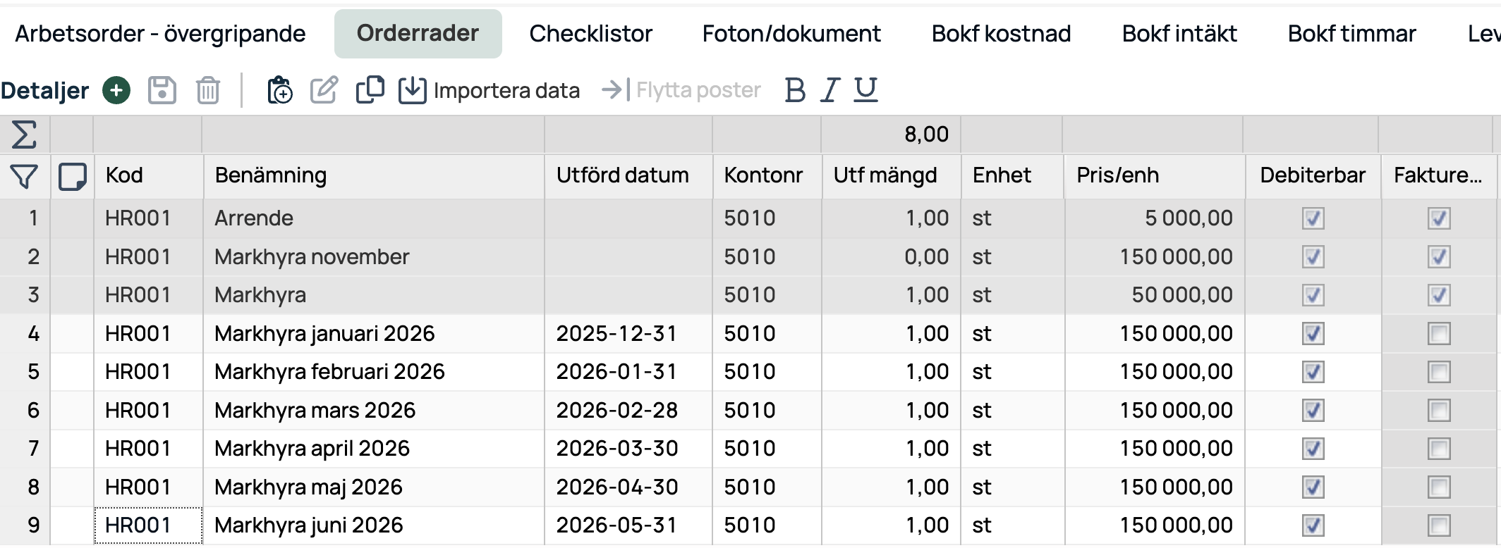Arbeidsorder ordrelinjer — liste med faktuerbar og fakturert