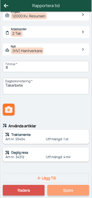 Report Time — form with articles and time registration