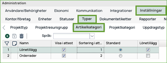 Settings — Types — Article Category list