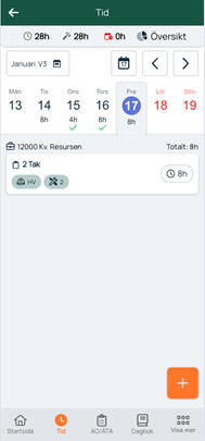 Time registration view weekly with daily work hours