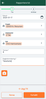 Report Time — form with project, work order, and role