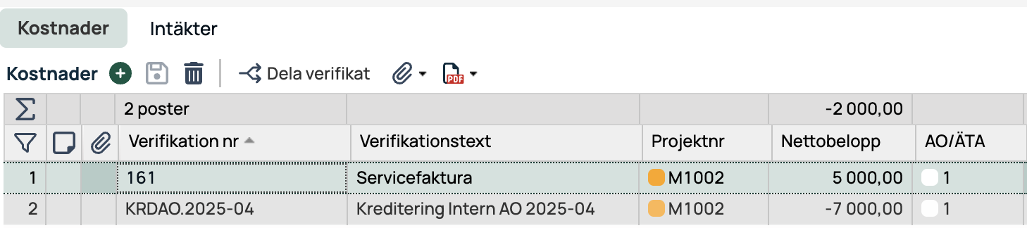 Costs tab with document list and net totals