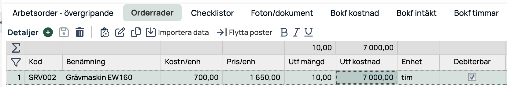 Arbeidsorder — ordrelinjer med detaljer om kostnad og pris