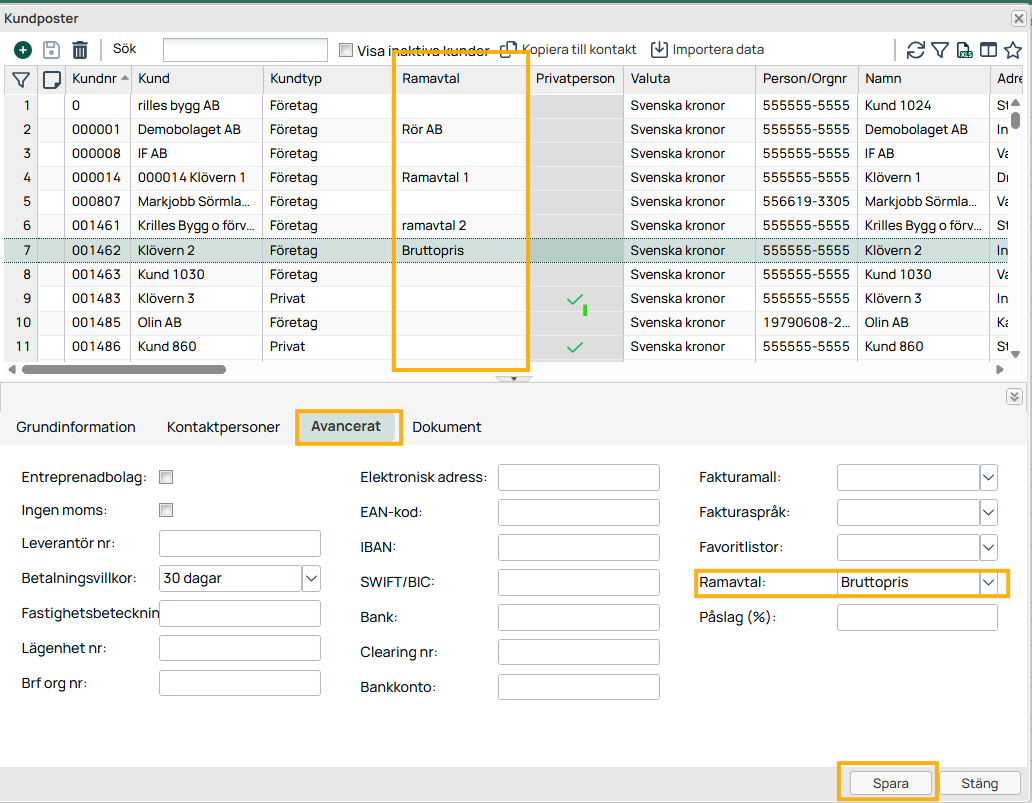 Customer records — Advanced tab with framework agreement setting