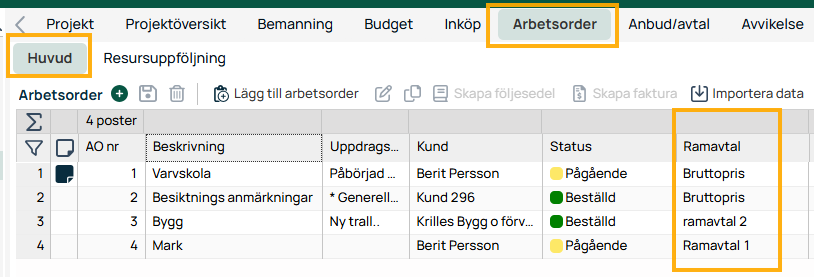Work order list with main view in the project module