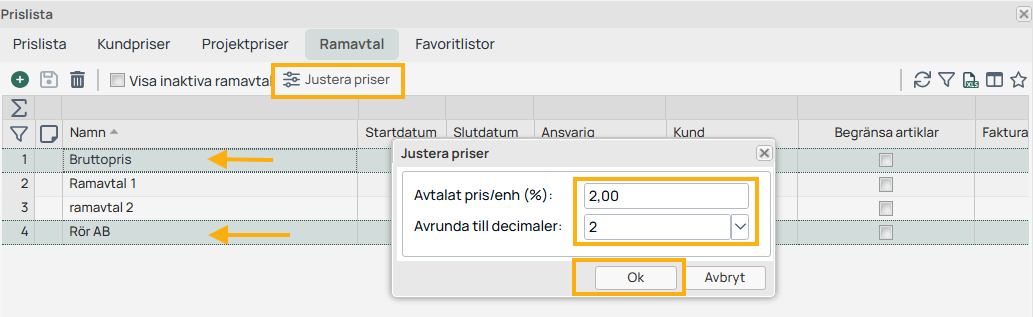 Prisliste Rameavtaler — dialog for Justere priser åpen