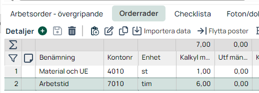 Arbeidsordre ordrelinjer med materialer og arbeidstid