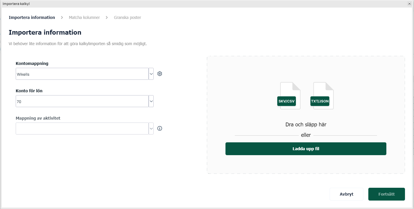 Importer kalkyle — trinn 1 importer informasjon med filopplasting