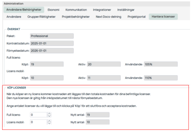 Administrasjon – Administrer lisenser, oversikt og kjøp lisenser