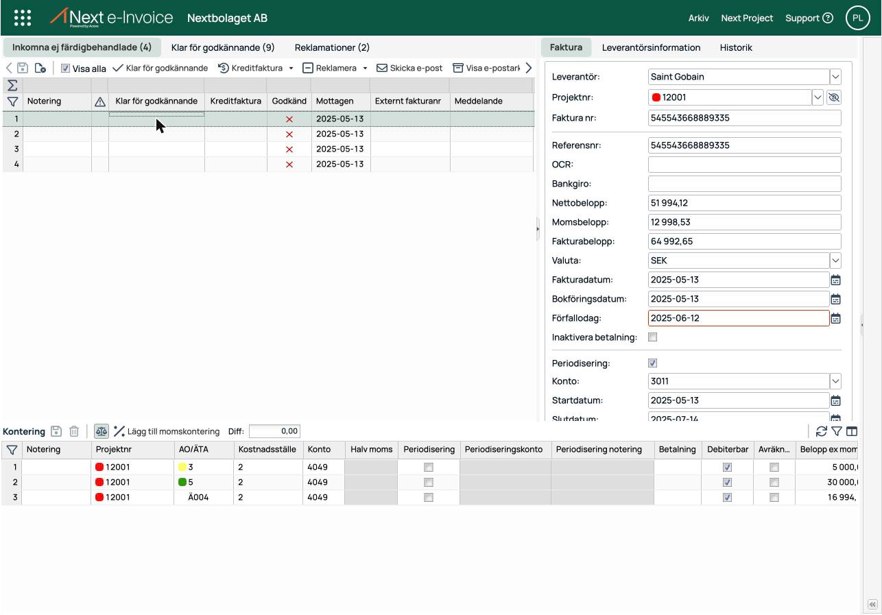 Översiktsbild av e-Invoice med fakturalista, detaljpanel och kontering.