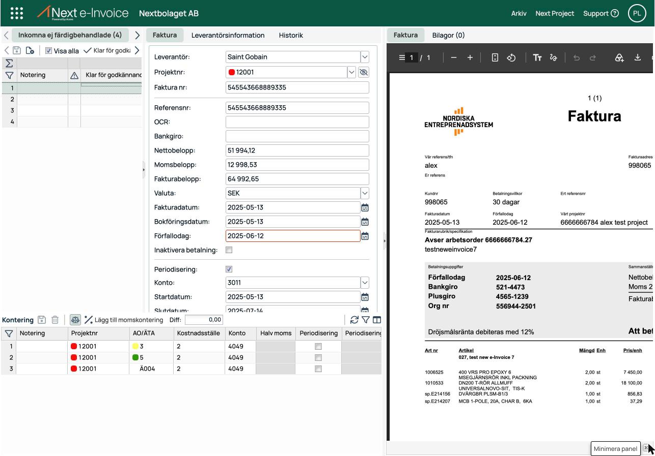 Utfälld förhandsgranskning med fakturans PDF bredvid detaljpanelen.